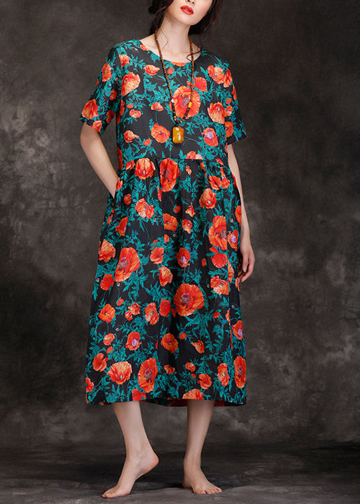 VCSHOES Loose black print linen Long Shirts Fitted Wardrobes v neck Cinched long Summer Dresses