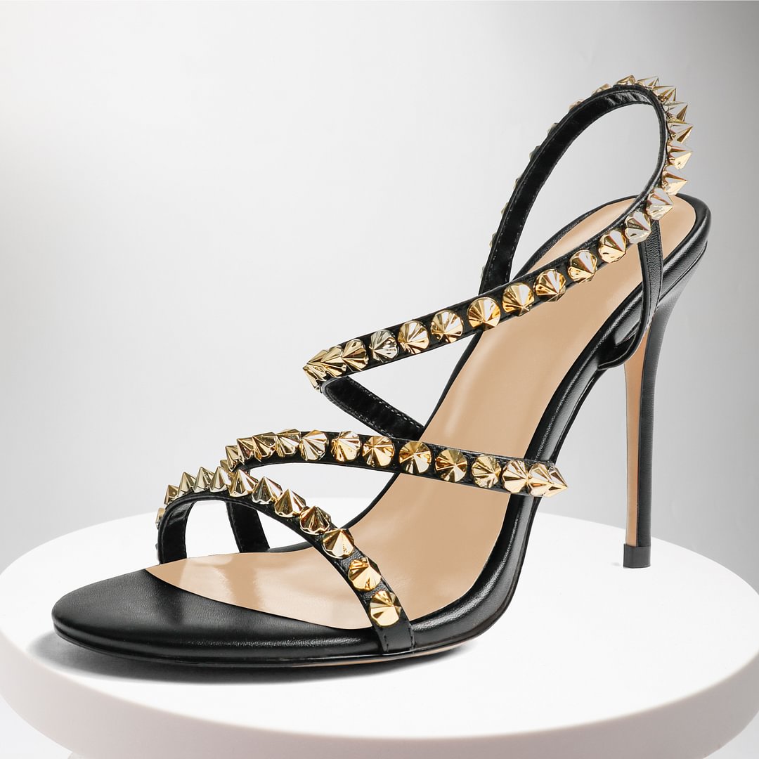 10CM/4 inch Elastic Strap Gold Studded Stilettos Sandals