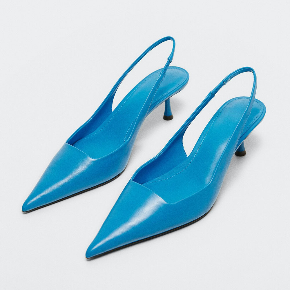 Women's Vegan Leather Pointed Toe Kitten Heel Blue Slingback Pumps Nicepairs