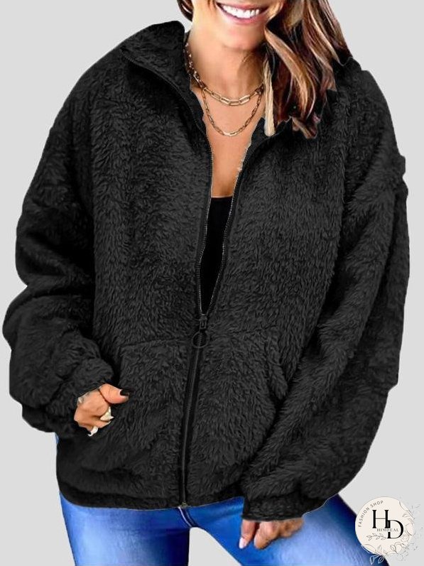 Coats Woolen Fleece Loose Zipper Cardigan Pocket Coat for Women