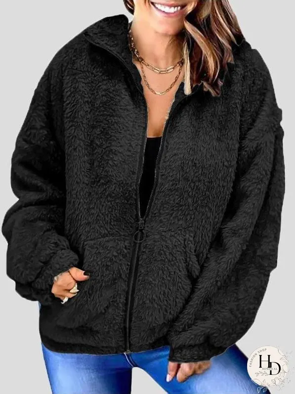 Coats Woolen Fleece Loose Zipper Cardigan Pocket Coat for Women