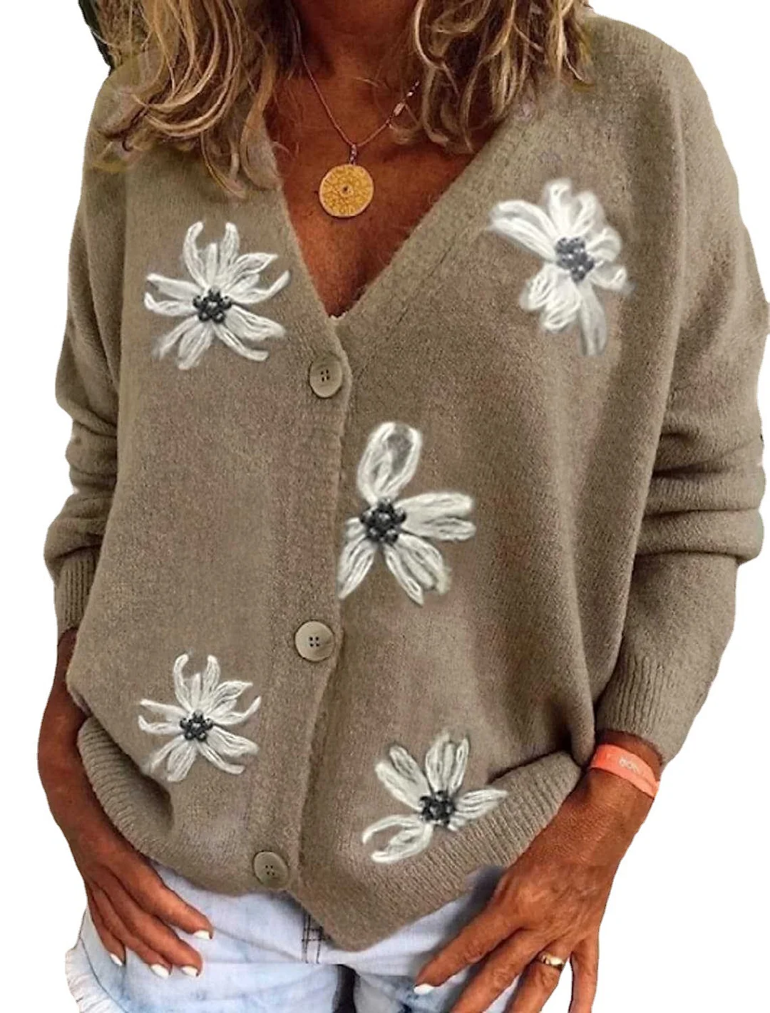 Wongn Wongn Spring And Autumn New Women Long Sleeve Cardigan Embroidered V-Neck Knit Sweater Women
