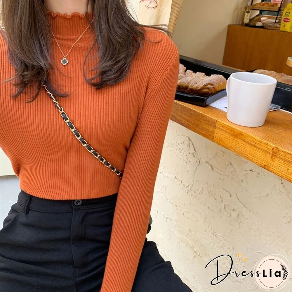 Christmas Gift Womens Sweater Women Knitted Ribbed Pullover Long Sleeve Ruffles Turtleneck