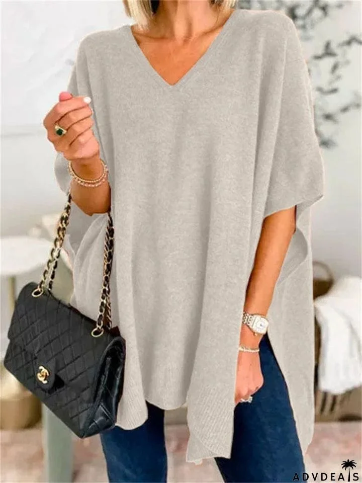 Chic V-neck Loose Knitted Poncho Sweater for Women
