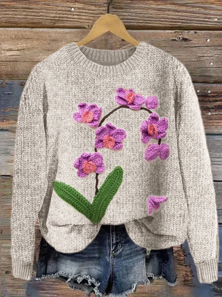 Orchids Bloom Crochet Art Cozy Knit Sweater