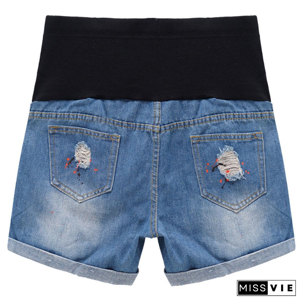 Summer Casual Denim Maternity Patchwork Belly Shorts Ripped Shorts for Pregnant Women