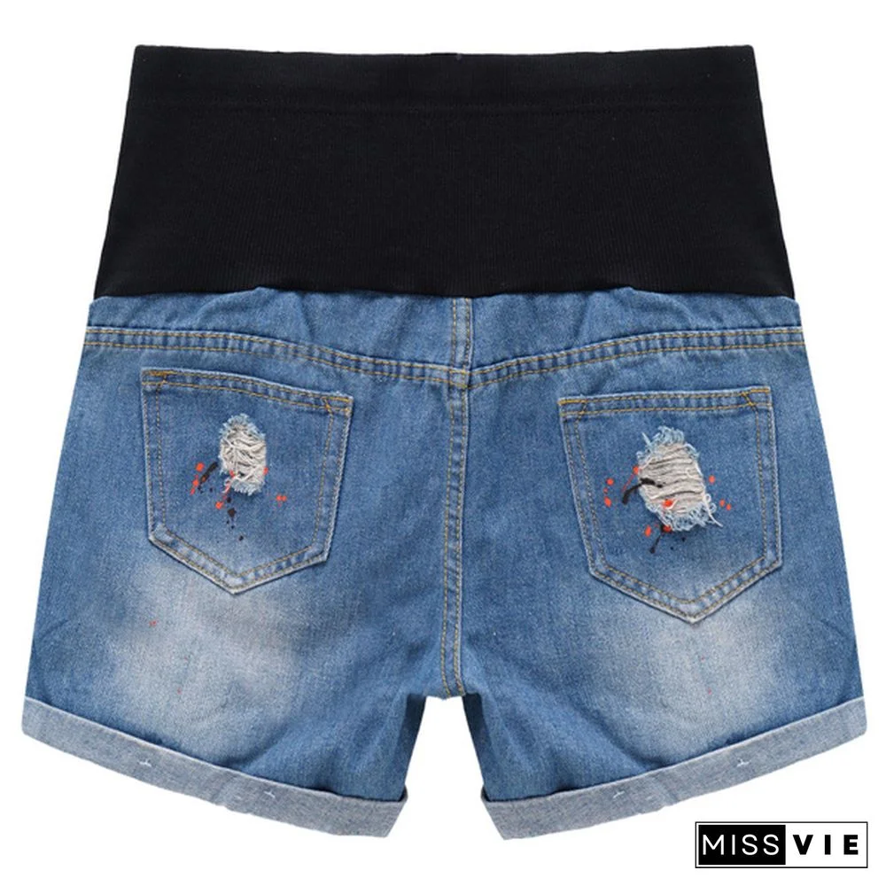 Summer Casual Denim Maternity Patchwork Belly Shorts Ripped Shorts for Pregnant Women