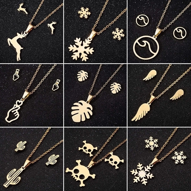 Fashion Deer 201 Stainless Steel 18K Gold Plated Earrings Necklace