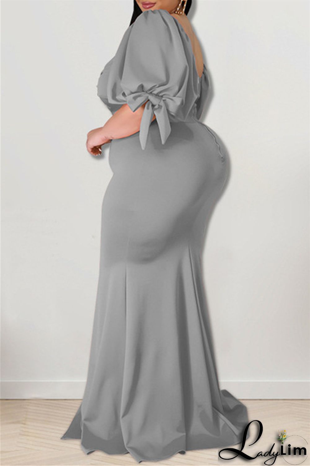 Pink Fashion Sexy Plus Size Solid Backless Slit Square Collar Evening Dress