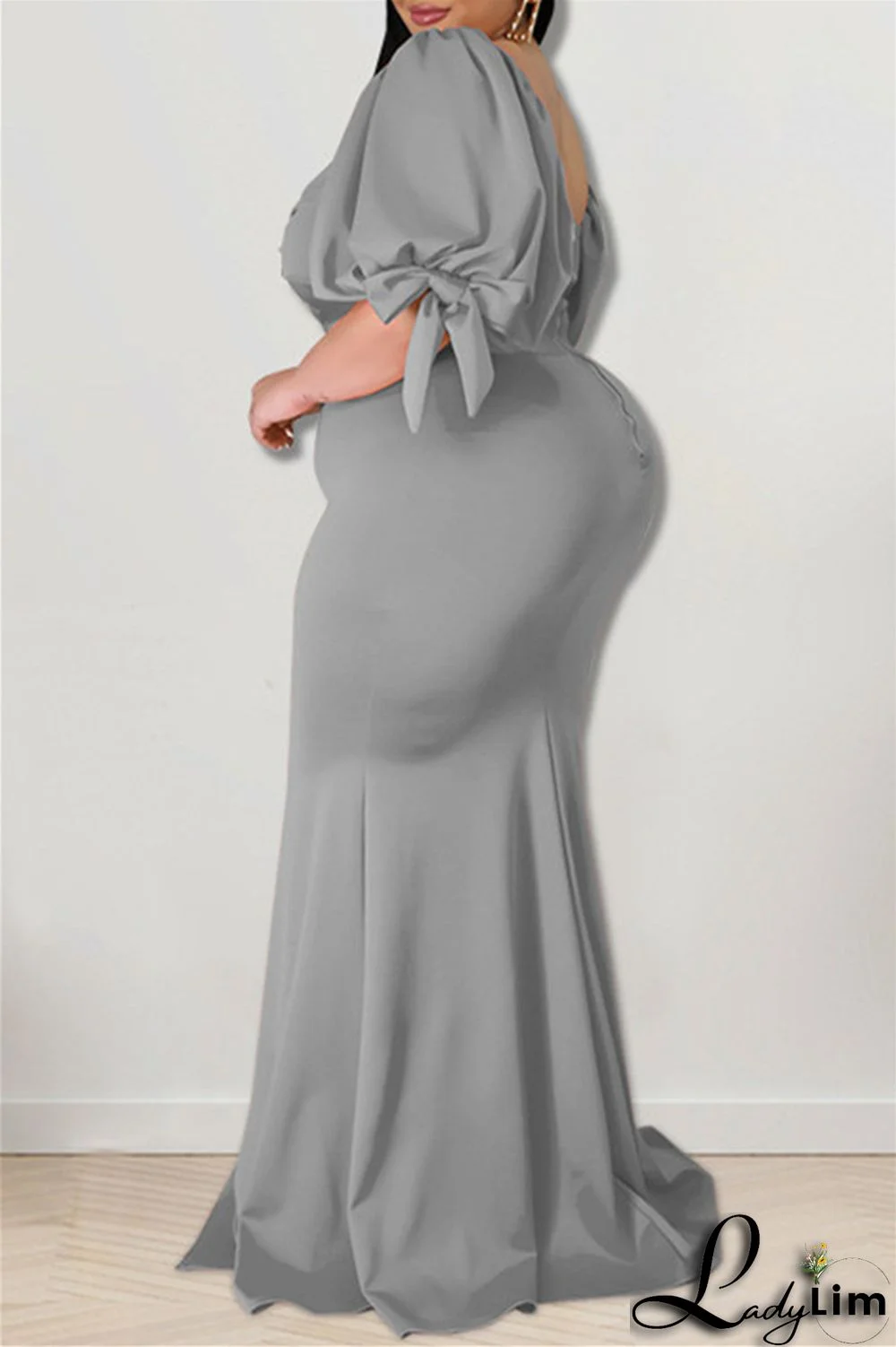 Pink Fashion Sexy Plus Size Solid Backless Slit Square Collar Evening Dress