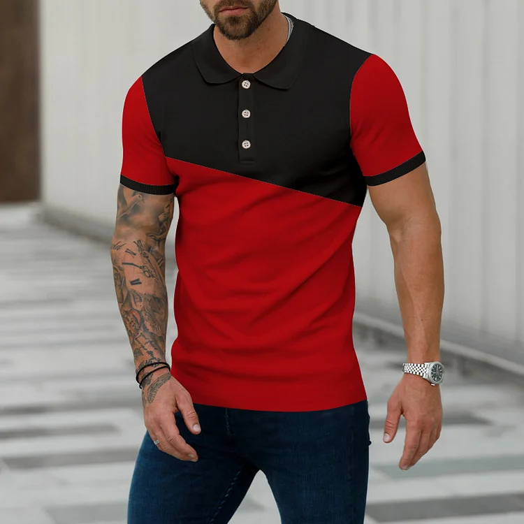 BrosWear Men's Contrast Patchwork Casual Short Sleeve Polo Shirt