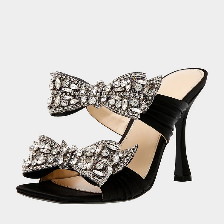 Black Square Toe Rhinestone Shoes Elegant Spool Heel Sandal Party Sexy Bow Mules |FSJ Shoes