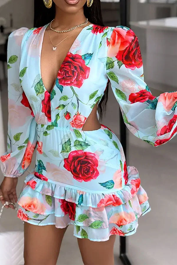 Floral Print Side Cutout Elegant Ruffles Mini Dress