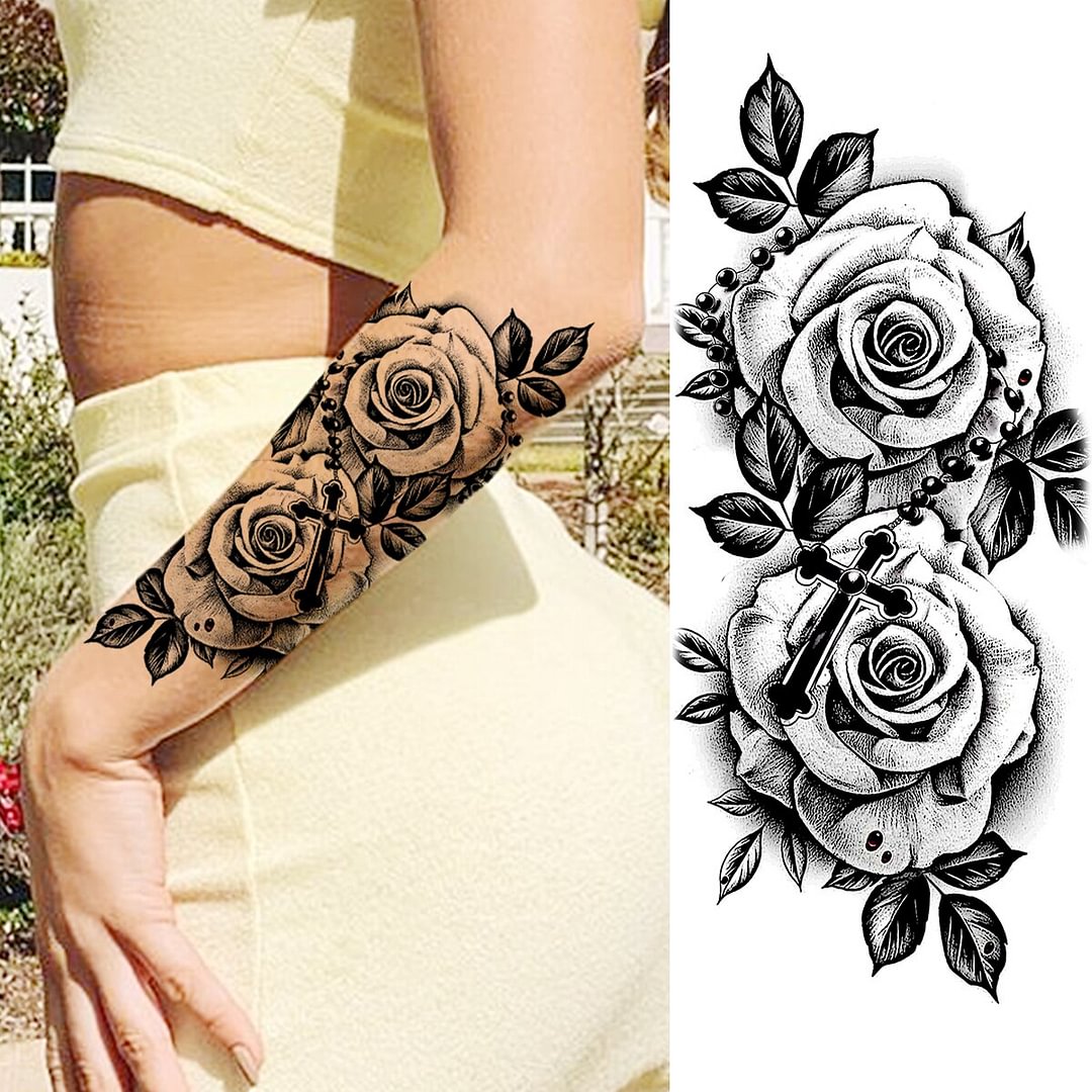 Gingf Black Peony Flower Temporary Tattoos For Women Adult Girl Rose Dahlia Anchor Fake Tattoo Waterproof Half Sleeve Tatoos Decal