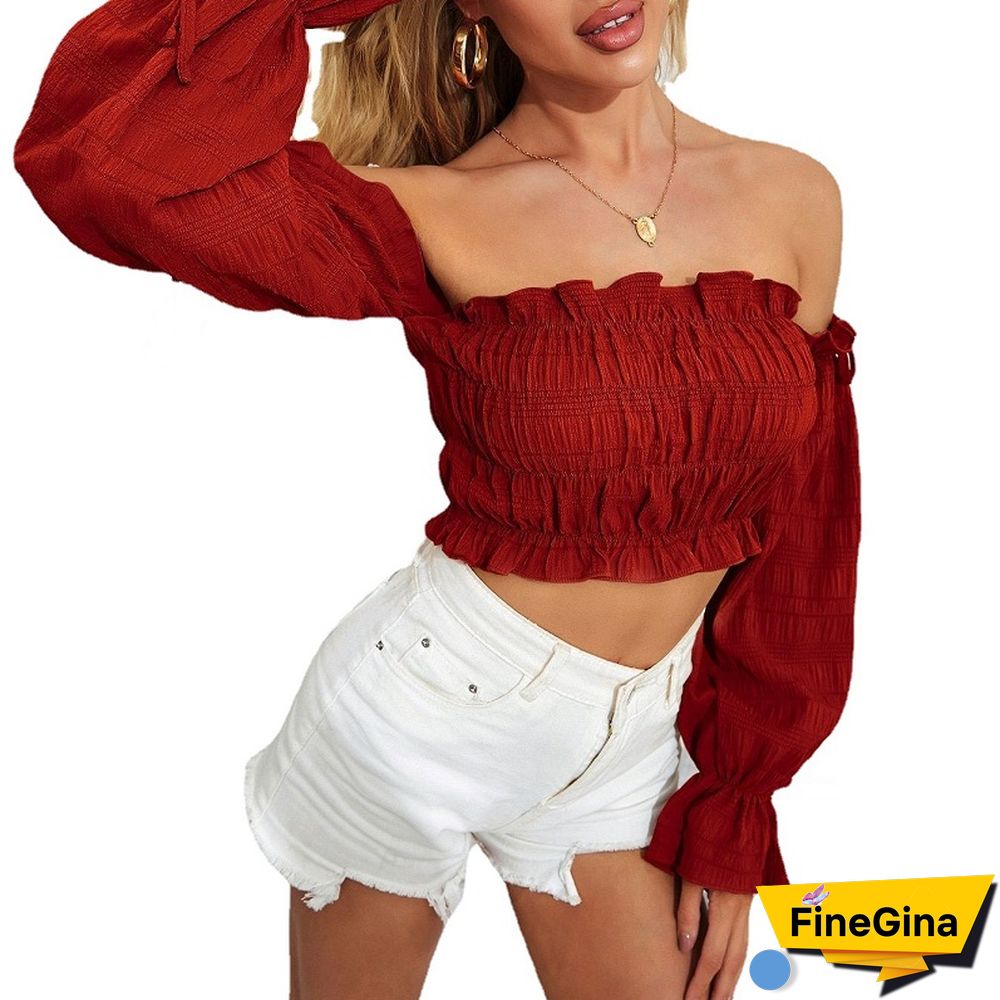 Chic Casual Women Blouses New Solid Color Sexy Navel Fungus Edge Slim Fit Folds Wrap Chest Full Flared Sleeve T-shirt