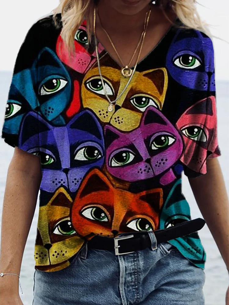 Colorful Cats Face Art V Neck T Shirt