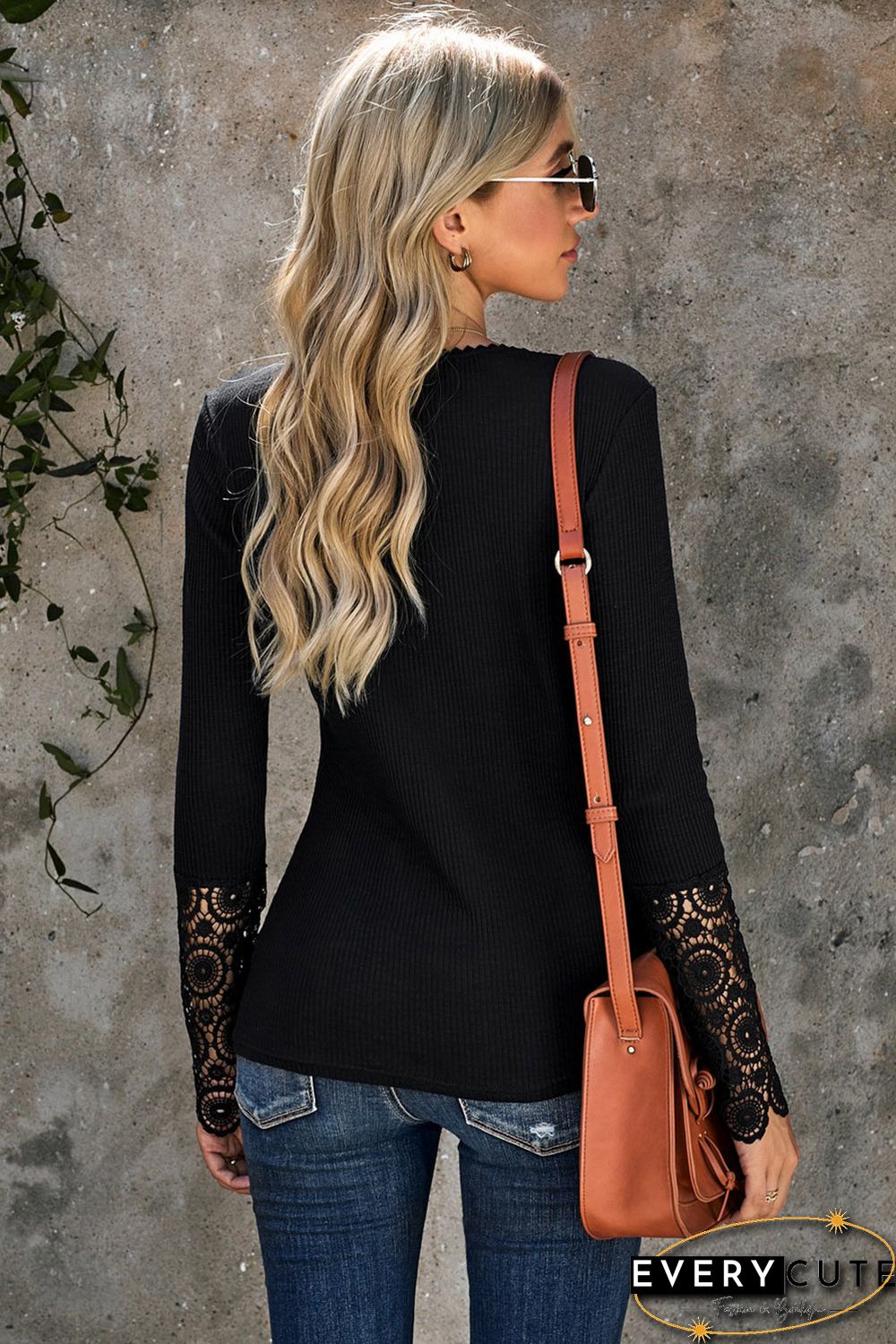 Black Crochet Lace Hem Sleeve Button Top