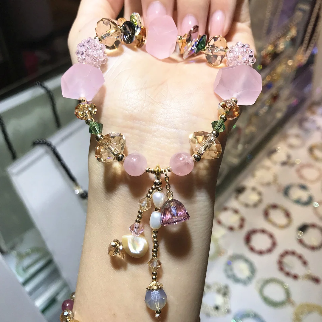 Natural Pink Crystal Austrian Crystal Tassel Pendant Bracelet