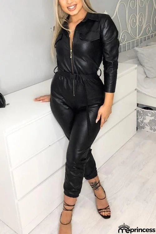 Zipper Long Sleeve PU Jumpsuit
