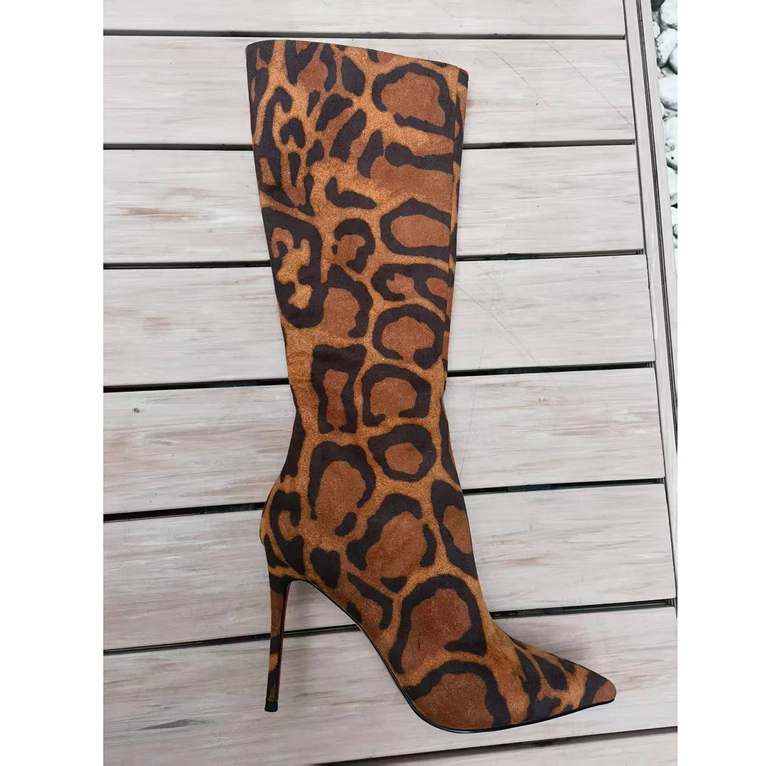 100mm Women's Stiletto Heel Knee Boots Red Bottom Leopard Suede Knee Boots-MERUMOTE