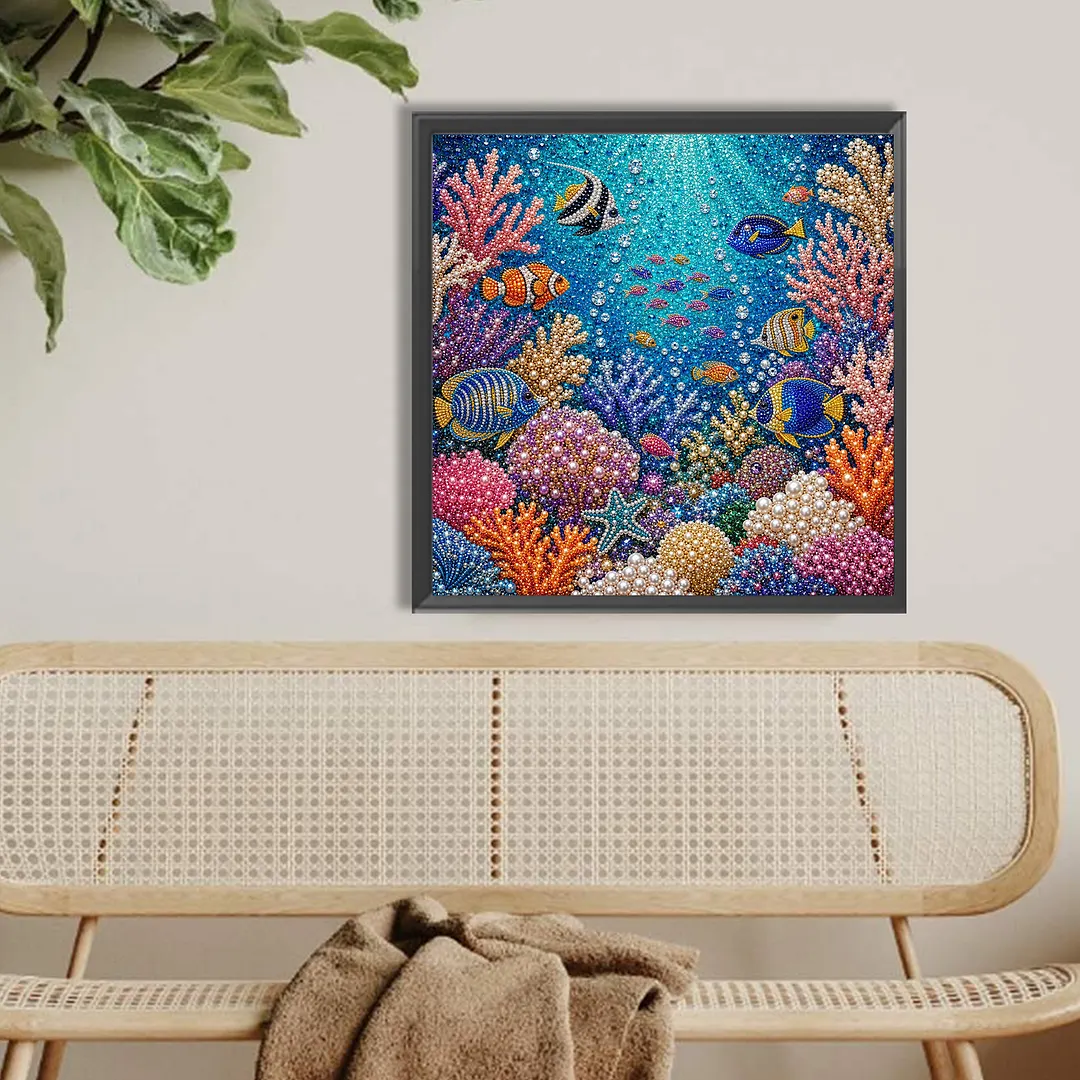 Underwater World Pearl Full DIY 5D Round Drill Gem Art Diamond Painting Kits 15.75x15.75 in Diamond Dots Paintings Picture Arts Craft Diamond Art Kits for Adults Beginner Home Wall Decor