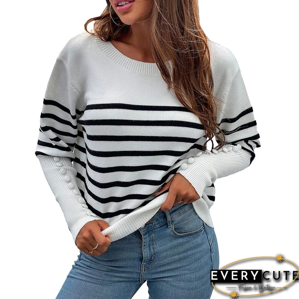 Contrast White Striped Print Button Decoration Sweater