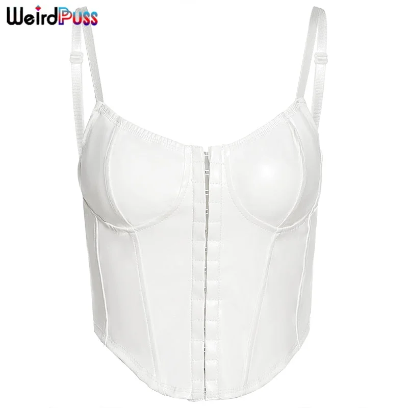 OrangeA Women PU Y2K Leather Corset Top Sexy Sleeveless Skinny Solid Casual Camisole Fashion High Street Party Clubwear Tank