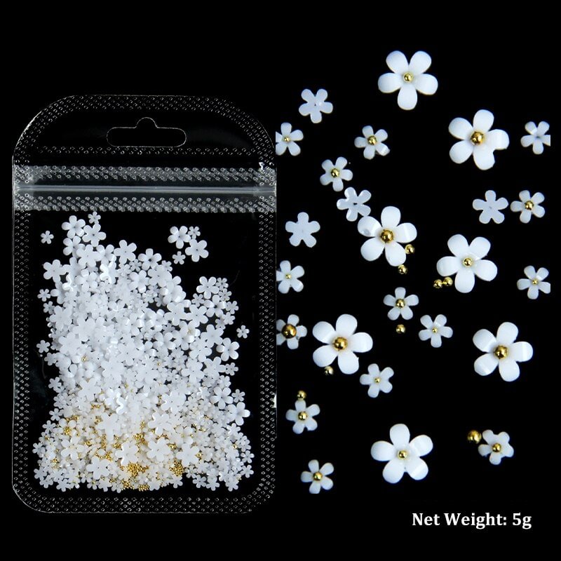 Agreedl 5g White Acrylic Flower Nail Art Decoration Mixed Size Rhinestones Gold Silver Gem Manicure Tool Accessories DIY Nails Design