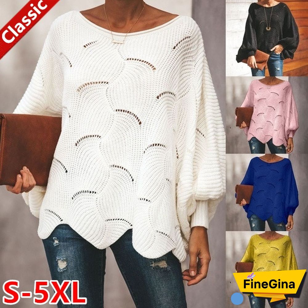 Women Plus Size Fashions Pure Color Hollow Out Bat Sleeve Loose Sweaters Ladies Autumn Winter Pullovers Tops S-5XL