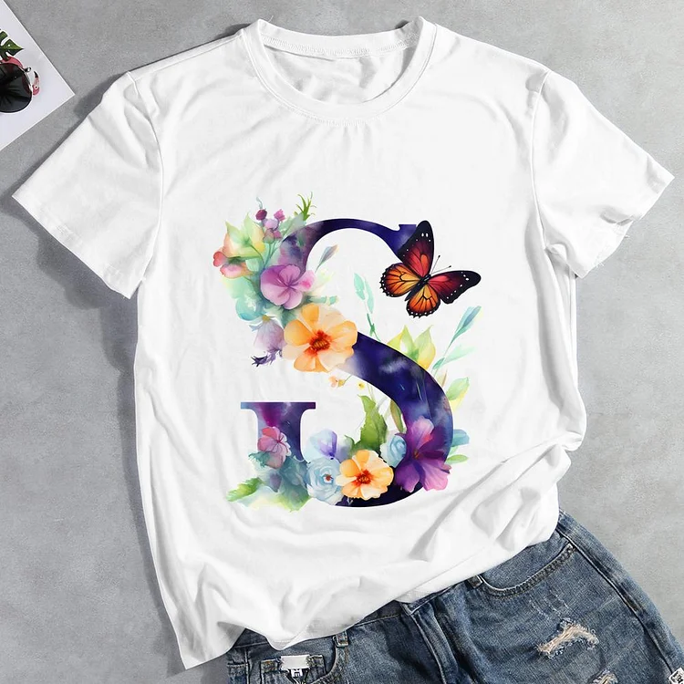 Butterfly Alphabet R Round Neck T-shirt-Annaletters