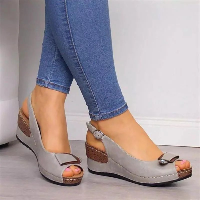 Breakj Breakj 2025 Summer Slope High Heel Fish Mouth Buckle Sandals Women 40-43 Large Shoes Slope Sandals