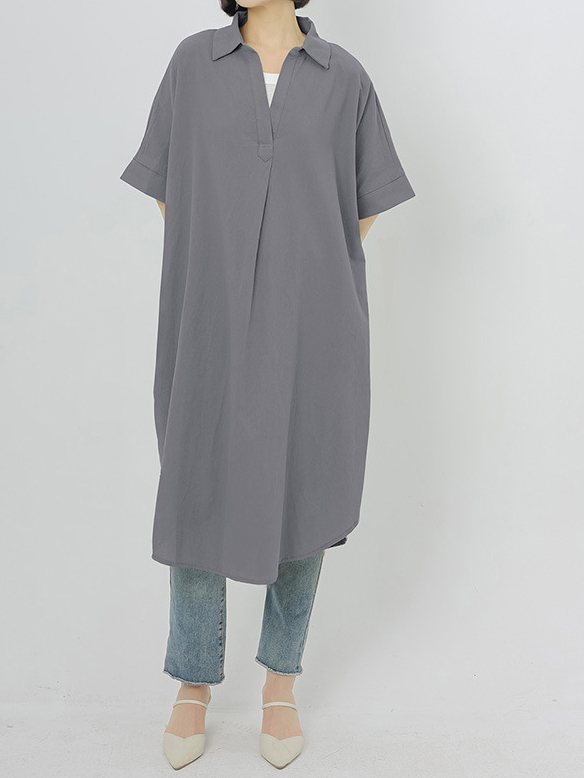 Single Breasted Button Shirt Collar Solid Color Cotton Linen Shirt Midi Dress