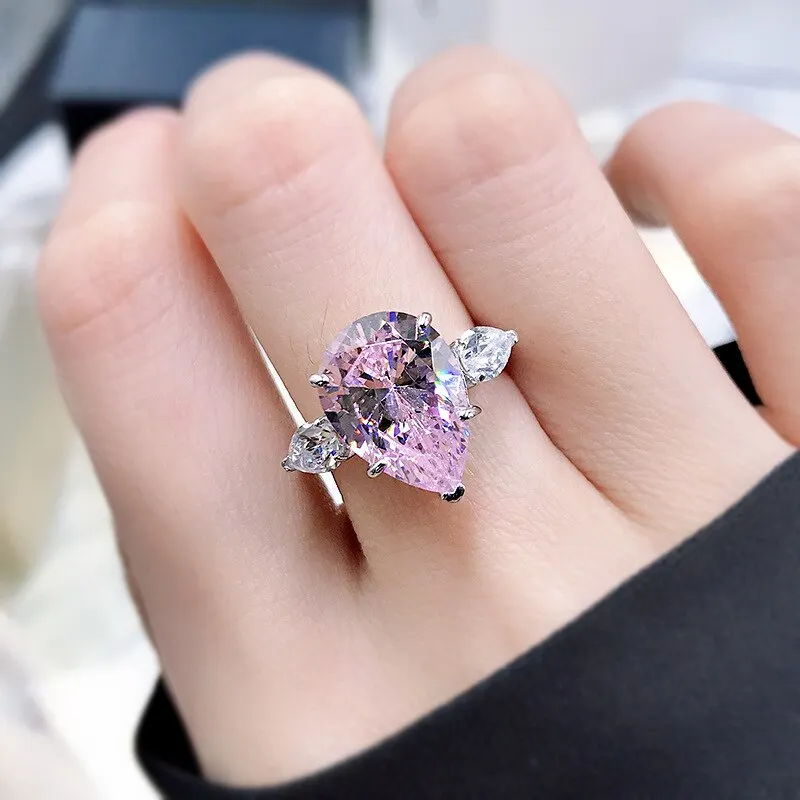 100% 925 Sterling Silver Sparkling 10*14mm Pear Multicolor High Carbon Diamond Wedding Rings For Women Fine Jewery Gifts 005