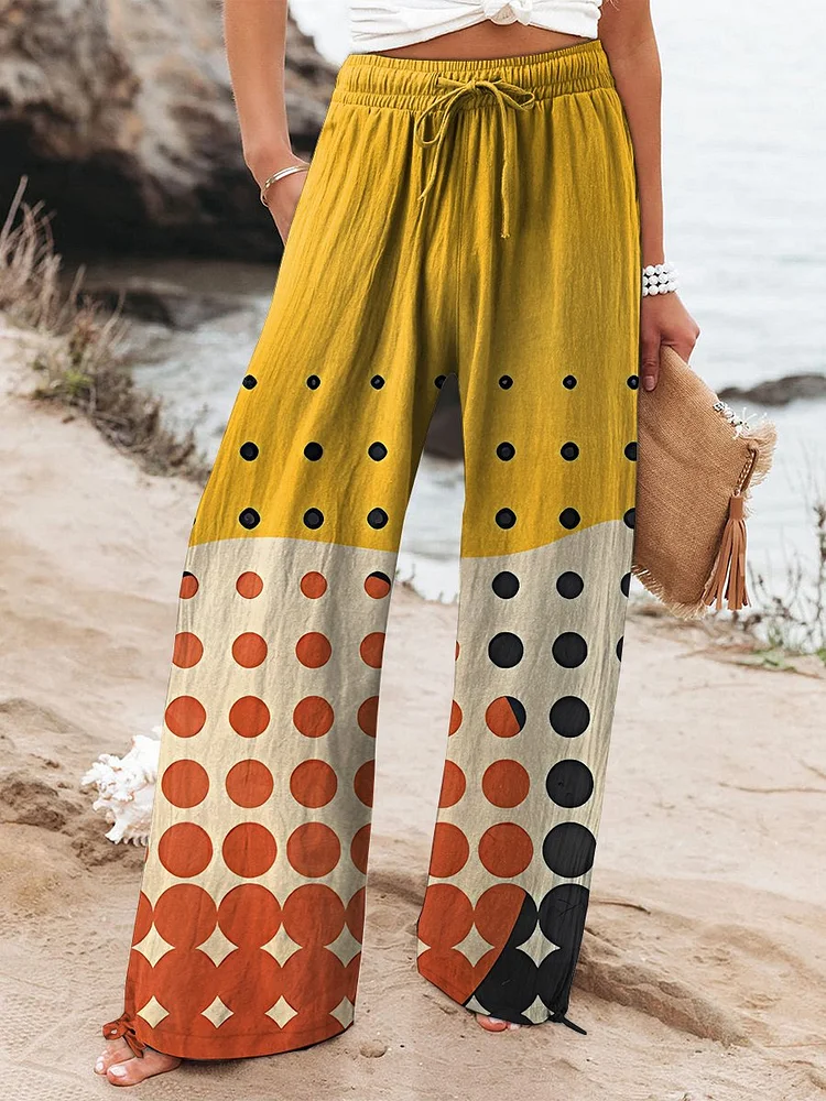Women's Bohemian Polka Dot Abstract Art Printed Cotton And Linen Casual Pants