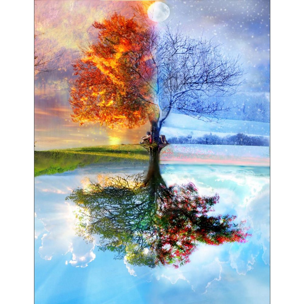 

50*40CM - Square Drill Diamond Painting - Tree Lake Scenery, 501 Original