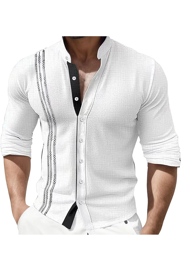 Colorblock Print Stand-Up Collar Slim Fit Shirt