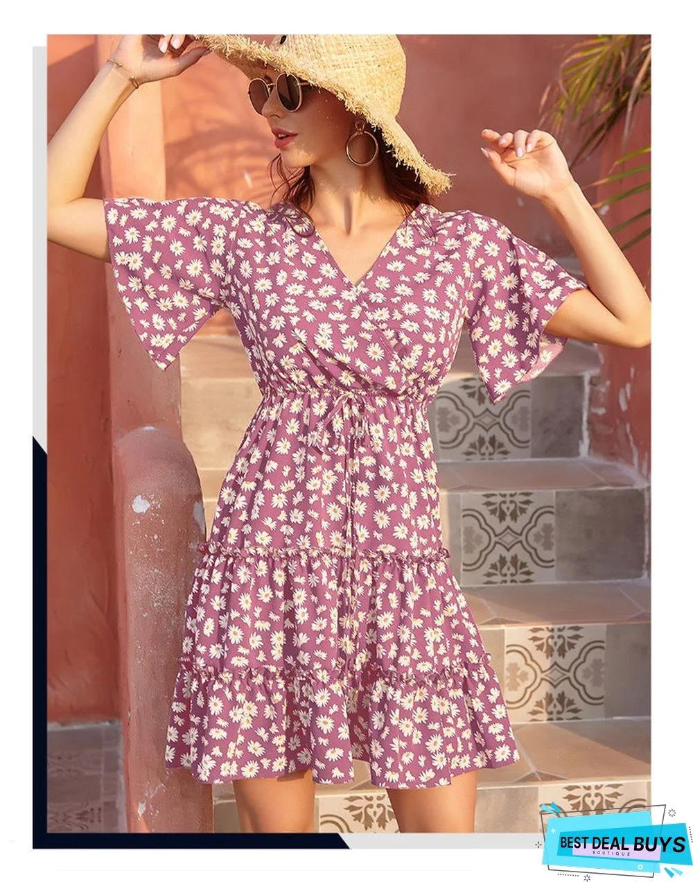 Women's Chiffon V-Neck Lace Up Dress Casual