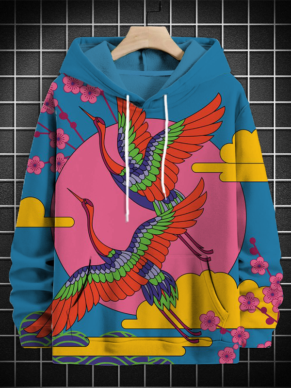 Men's Flying Cranes Japanese Cherry Blossoms Art Print Hooded Sweatshirt