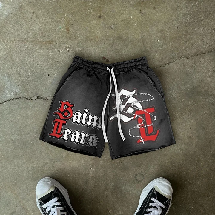 Saint Tears Graphic Pocket Drawstring Retro Shorts SOPULA