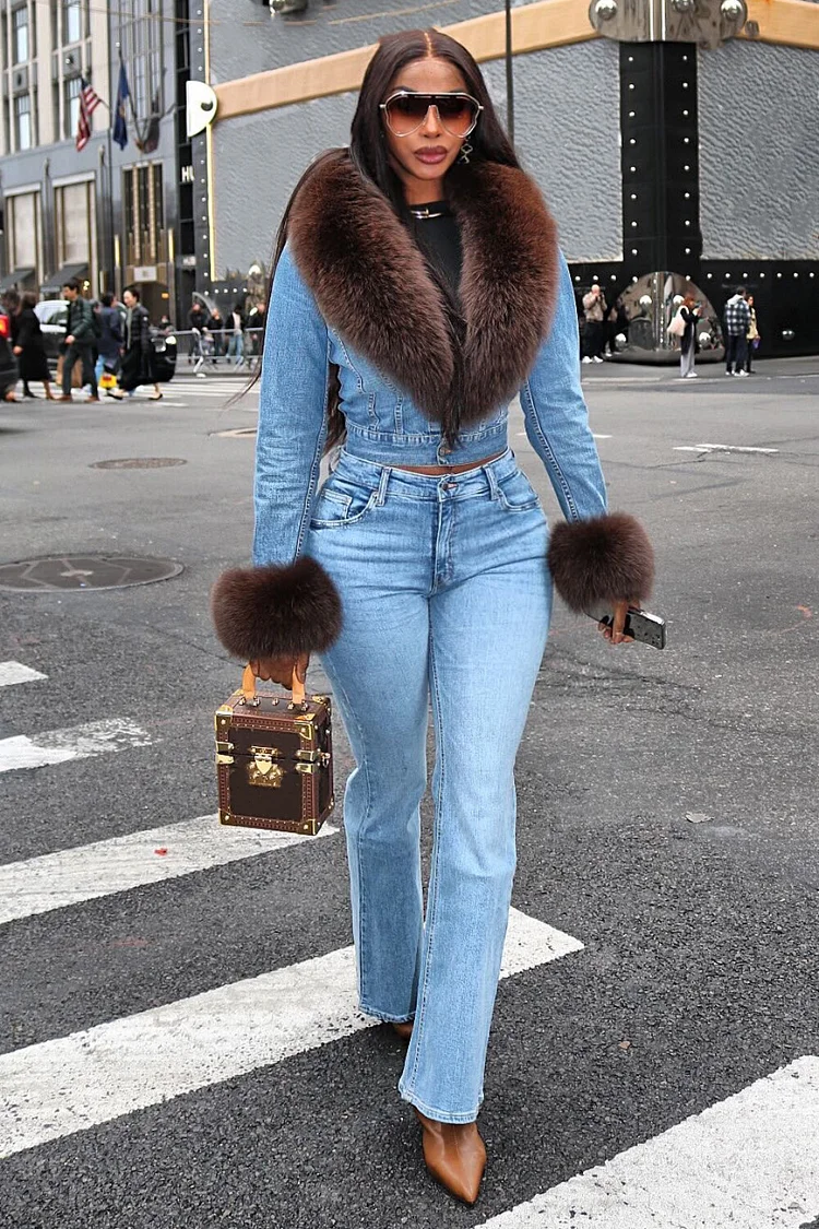 Faux Fur Patchwork Jacket Jeans Casual Denim Matching Set-Blue [Pre Order]