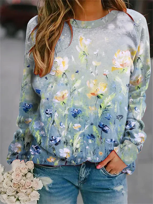Women's Pullover Casual Print Blue Floral Loose Fit Casual Sweatshirt