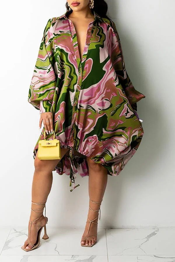Cotton Blend Fashion Print Drawstring Shirt Dress