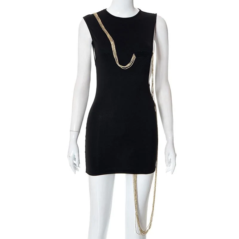 Neosepa-Black Sexy Side Hollow Metal Chain Slinky Mini Party Dress