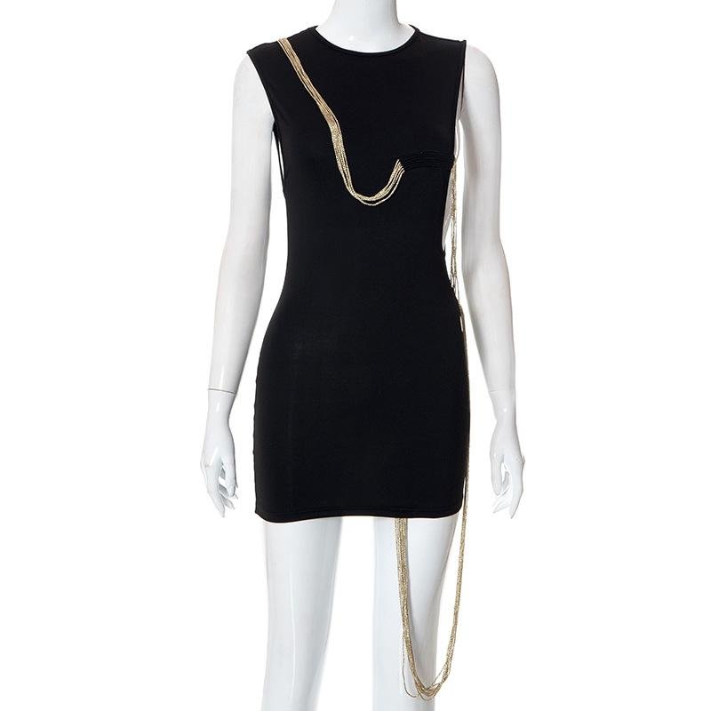 Neosepa-Black Sexy Side Hollow Metal Chain Slinky Mini Party Dress