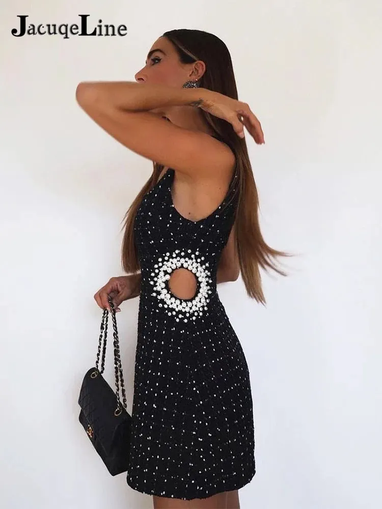 Jacuqeline 2022 A Line Black Mini Sexy Party Dress Women Tweed Pearl Y2K Summer Sleeveless Hollow Out Evening Elegant Dresses