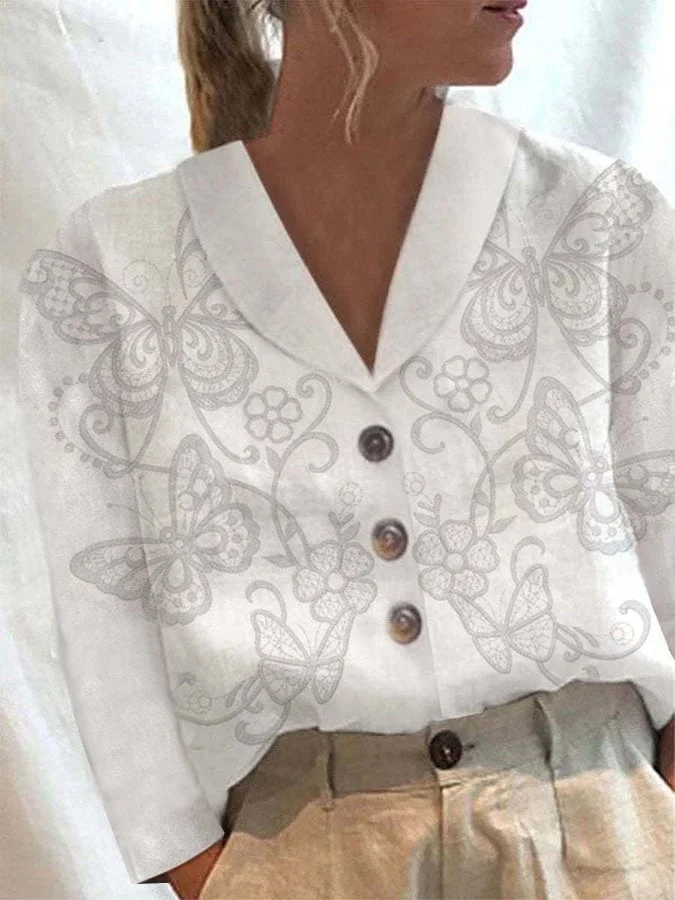 Women's Casual Floral Print Lapel Long Sleeve Shirt