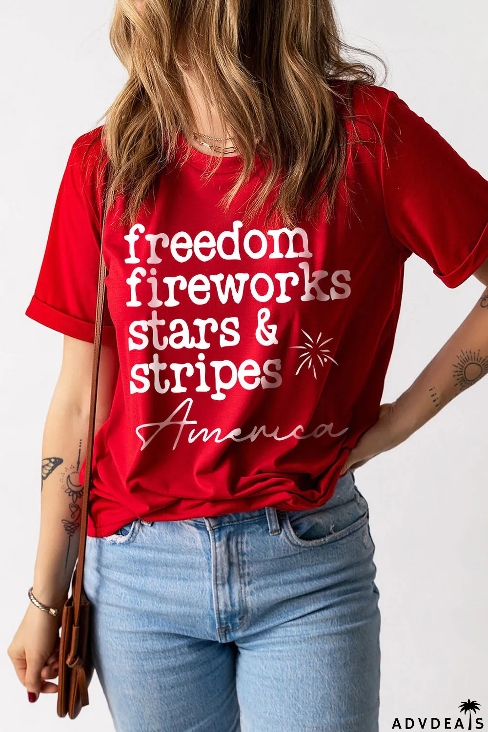 Red American Freedom Day Slogan Print T Shirt