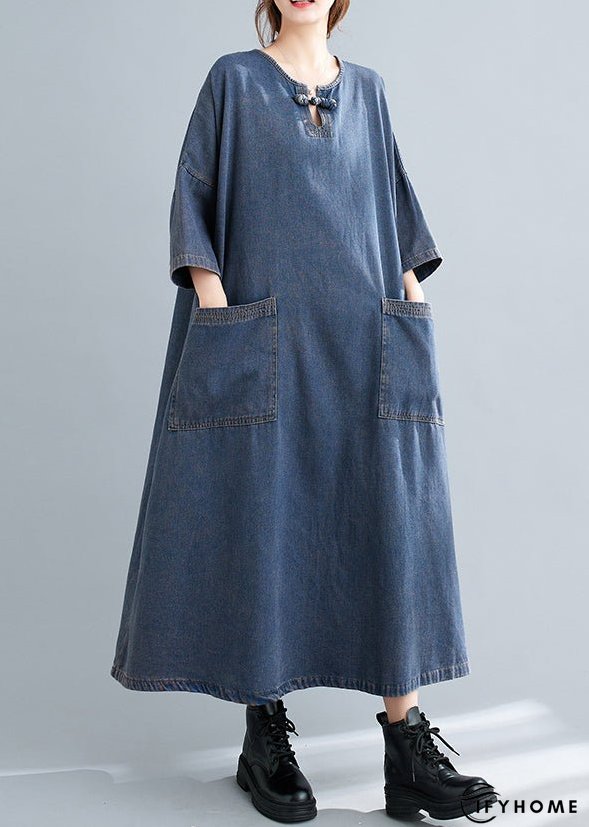 Plus Size Blue O Neck Pockets Patchwork Denim Long Dresses Fall | IFYHOME