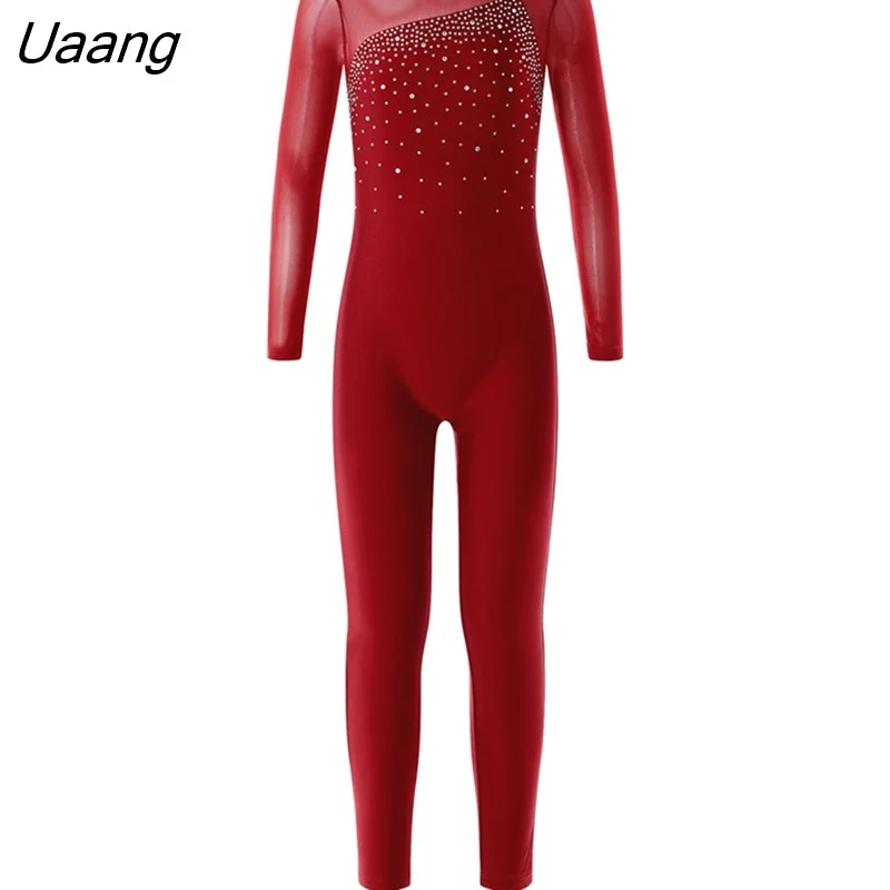 Uaang Long Sleeve Shiny Rhinestone Unitards Dancewear Girls Dance ...
