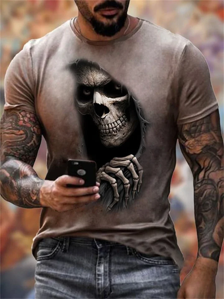 Trendy Fashion Men's Short-sleeved Round Neck T-shirt 3D Devil Skull Print Loose Top-Mixcun